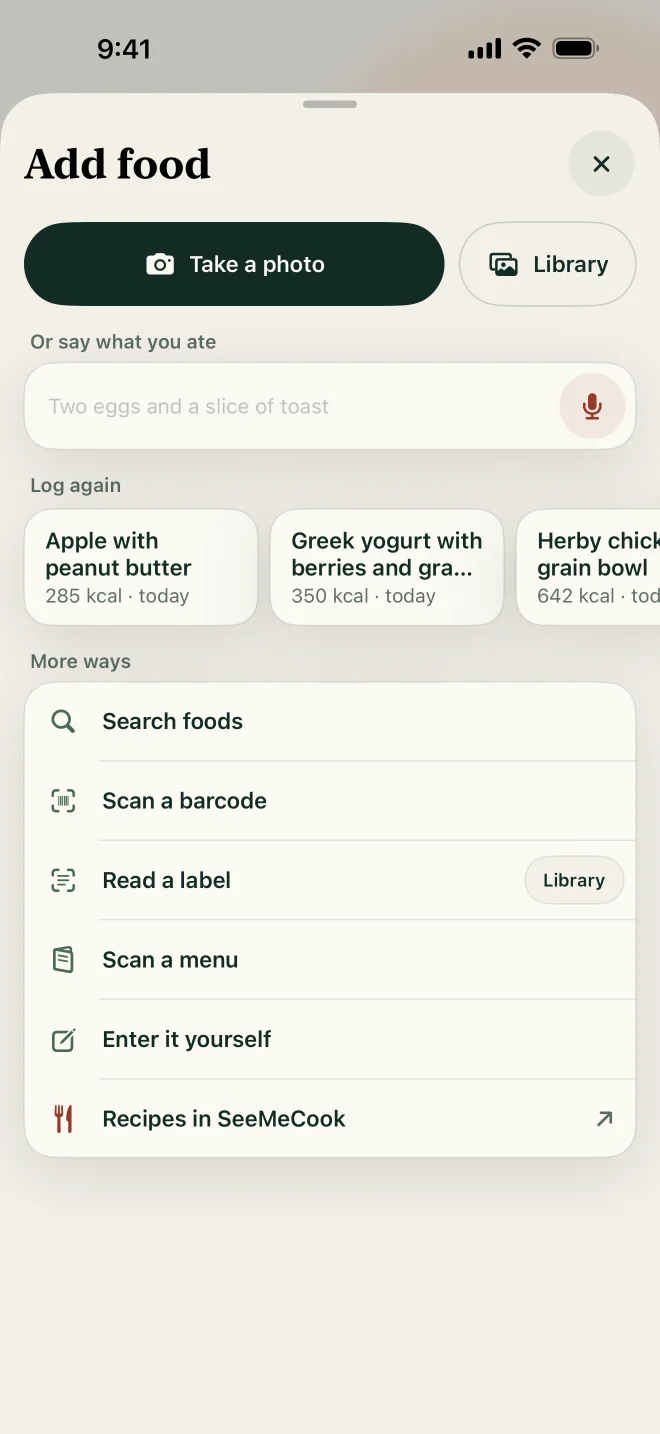 SeeMeEat Add food screen with photo, text, food search, barcode and nutrition-label options