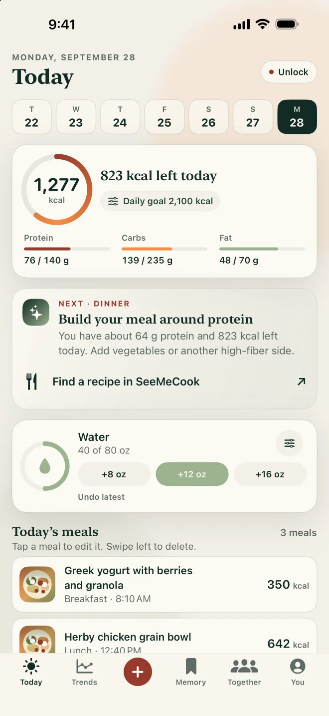 SeeMeEat Today journal showing sample meals, calorie and macro totals, and water tracking